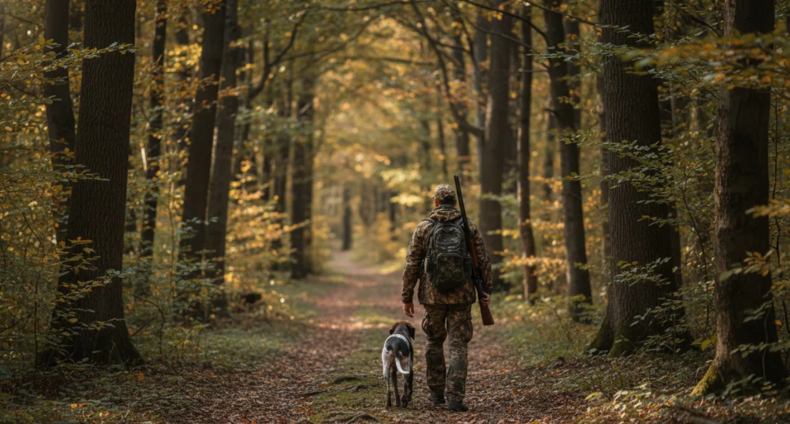 a hunter is hunting in the wood with a dog